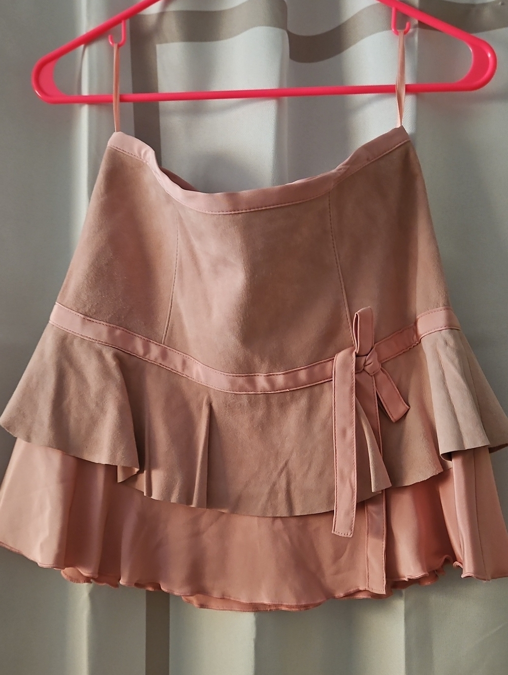 My Tribe Blush Leather & Silk  Pink Tiered Ruffle Mini Skirt with Side Tie